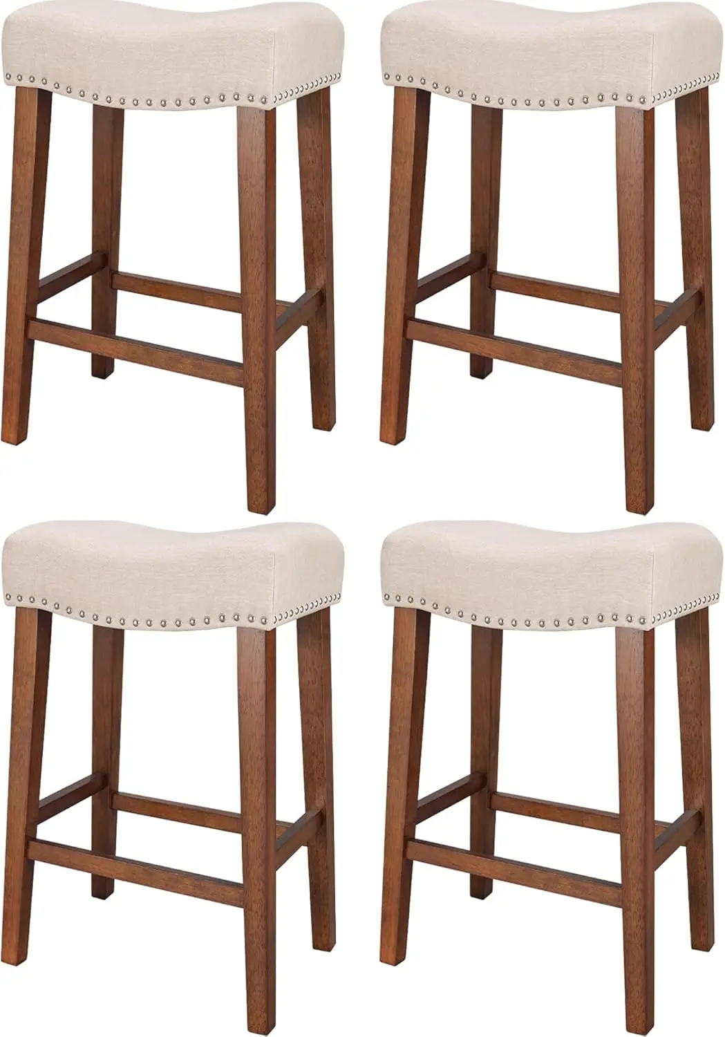 

Counter Height Bar Stools Set of 4 - Backless Saddle Design, 4.3' Thick Cushion, Linen Fabric, Solid Wood Legs, Beige