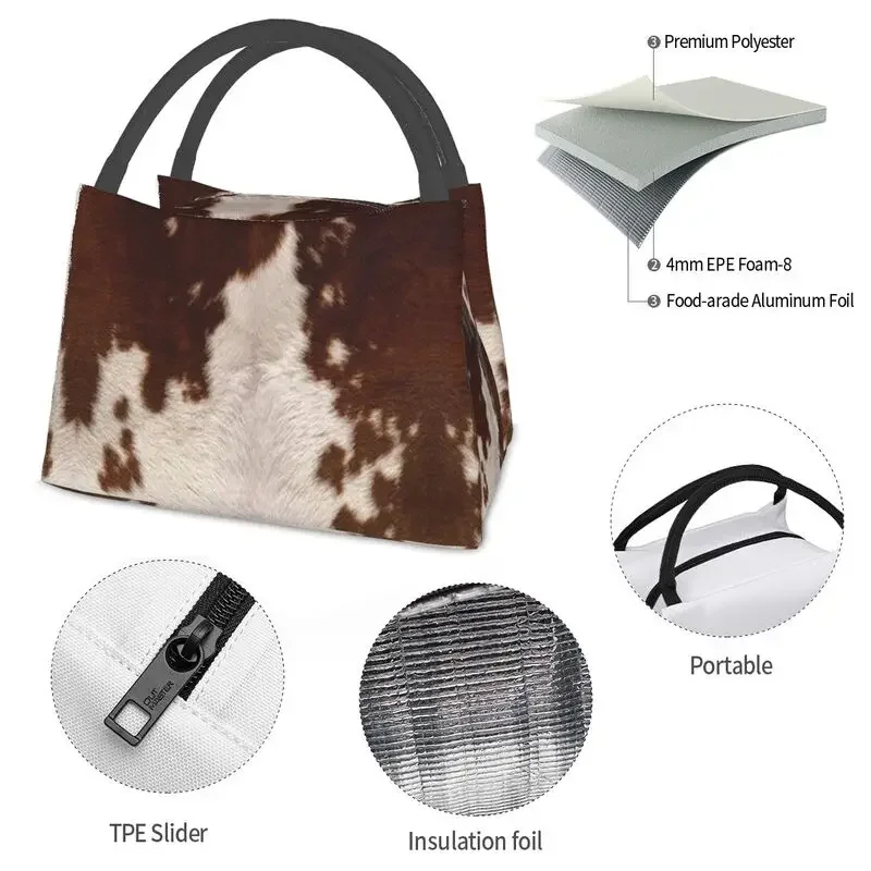 Calf brown cowhide insulated lunch bag picnic leather animal fur texture waterproof cooling bento box for women