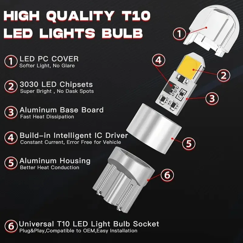 1/10 PCS T10 W5W LED Bulbs 12V Super Bright 3030 2SMD 7000K White Car Interior Dome Map Door Courtesy Dash License Plate Lights