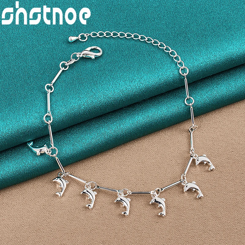 SHSTONE 925 Sterling Silver Bracelets For Women Party Wedding Christmas Fashion Jewelry Cute Gift 7 Dolphin Pendant Chain Bangle