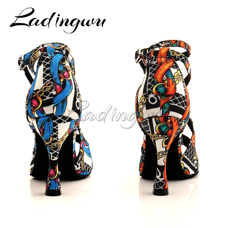 Ladingwu Salsa Jazz Ballroom Latin Dance Black Shoes For Dancing Women Social Strip High Heels Featured Graffiti Denim Sandals