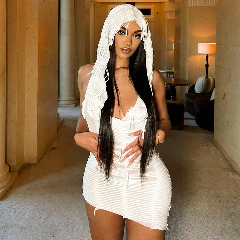 BULIDINGB Summer Women Cut Out Tassel Mini Dress With Hoodie Sleeveless Bodycon Slim Spring Solid Color Dresses Streetwear 2024