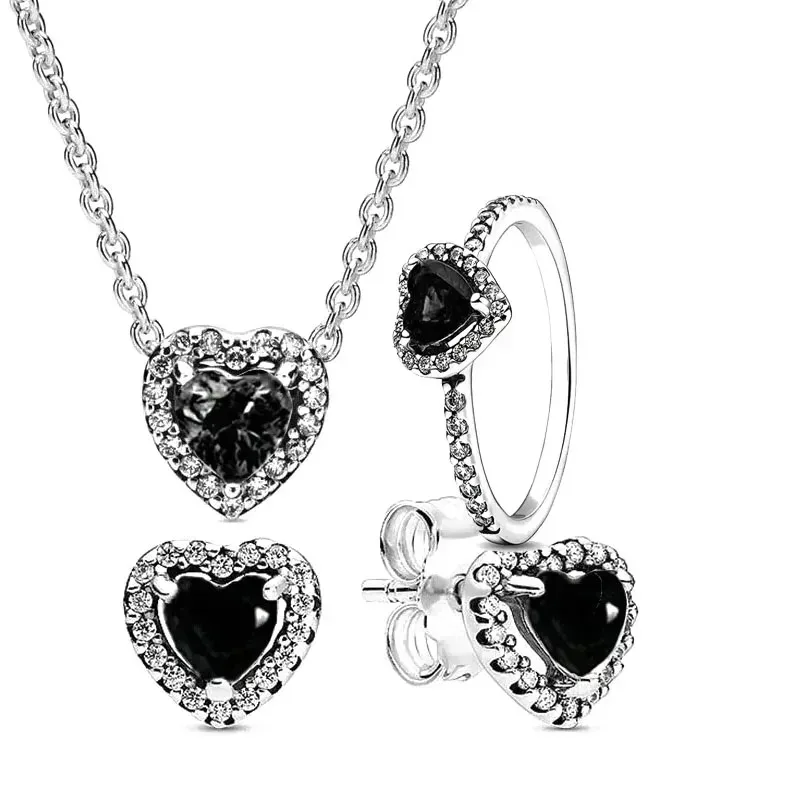 925 Sterling Silver Heart-Shaped Ring Necklace Earrings Sparkling Luxury Crystal Women's Jewelry Set Holiday Surprise Gift