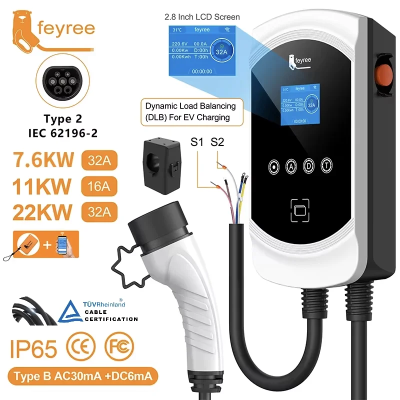 feyree EV Charger Type2 Cable 32A 7.6KW Dynamic Load Blancing EVSE Wallbox APP Function 11KW 22KW Charging Station Electric Car