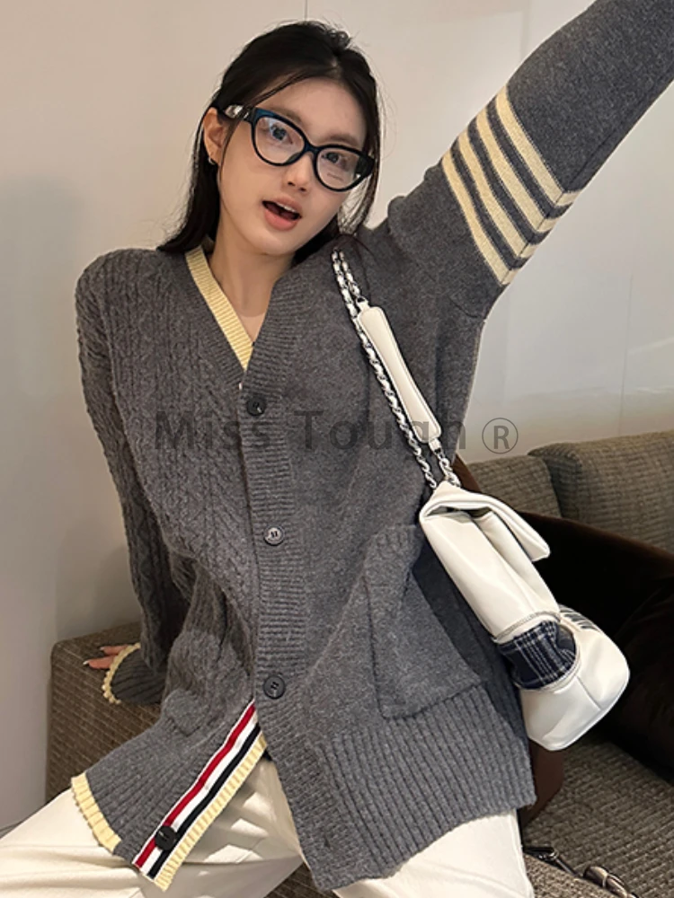 Grey Korean Fashion Knitted Cardigan Women Button Vintage Casual Loose Sweater Coat Female Designer Elegant Retro Cardigans 2023