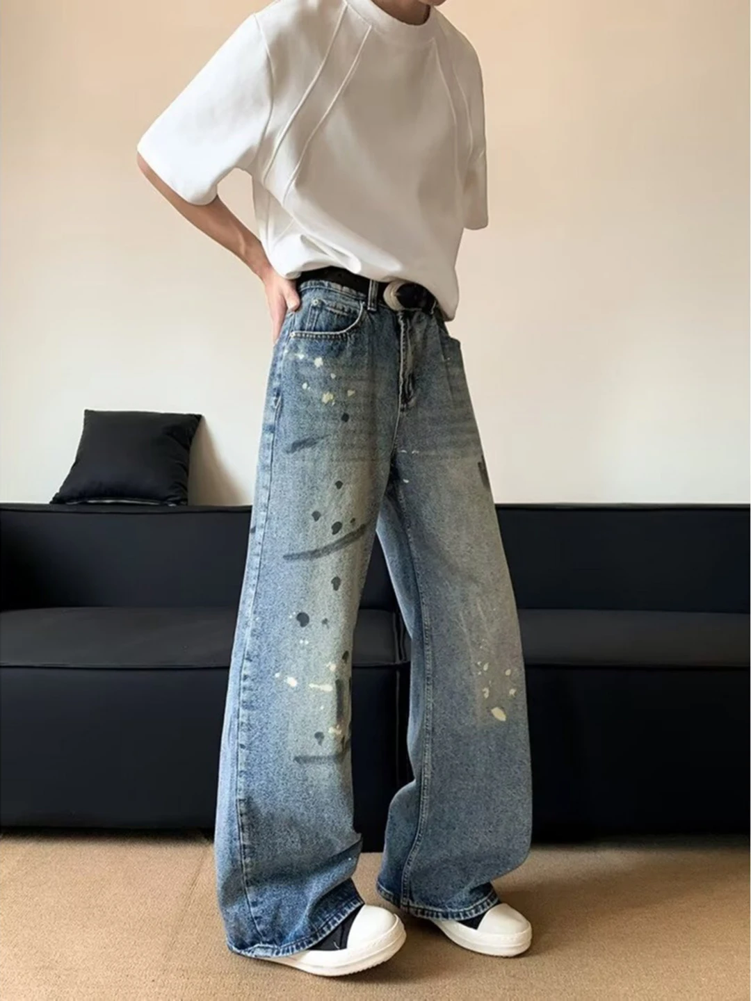 

Мужские джинсы с эффектом брызг краски в стиле ретро, прямые, расклешенные, зауженные, длинные брюки, повседневные джинсы в уличном стиле