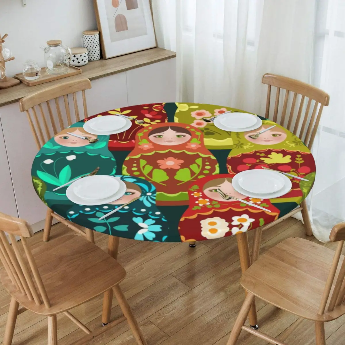 

Round Round Table Cloth Tablecloth Fit 40"-44" Elastic Edge Table Cloth Russian Babushka Folk Art Table Cover