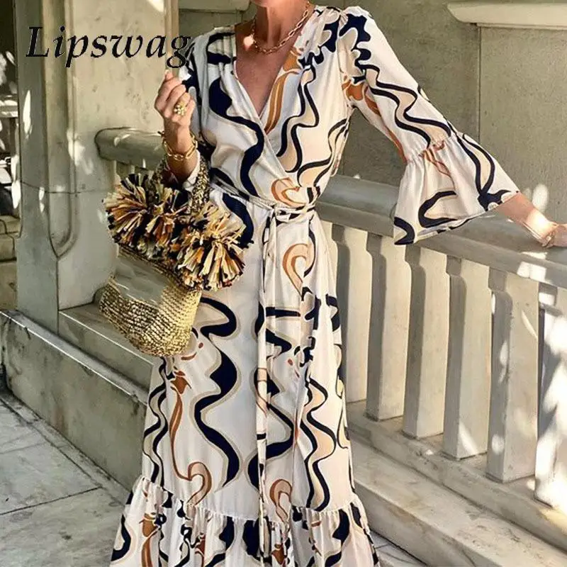 

Lady Elegant Bohemian Printed Long Dress 2024 Women Lace-up V-Neck Draped Office Dress Casual Flare Sleeve Pleat Vocation Dress