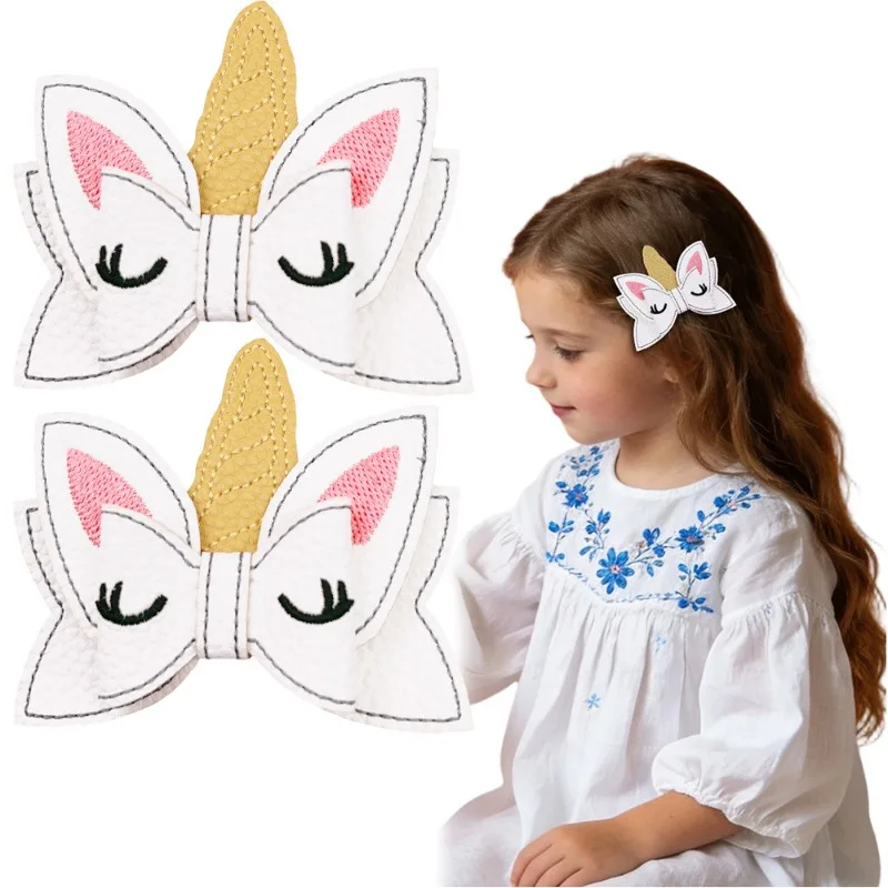 

2pcs Cute Unicorn Bow Hair Clips Girls Adorable Eyes Design Trendy Stylish Secure Hold Headwear For Kids Princess Looks Outfits