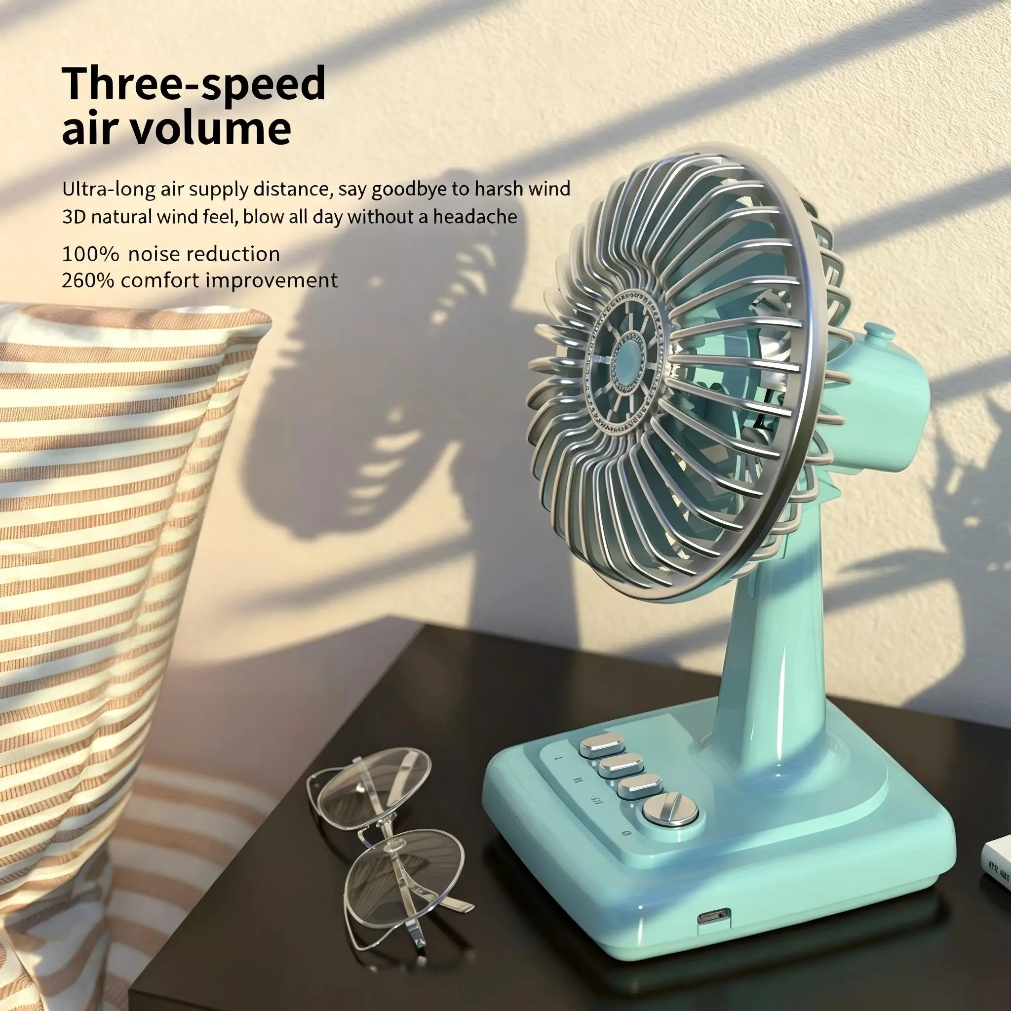 Retro Alloy Desktop Fan 3 Speeds USB Charging Portable Small Fan for Students Dormitory Home Office Desk Use image 3