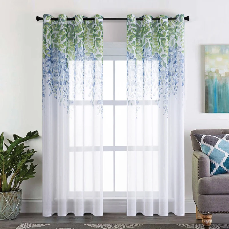 Colorful Wisteria Flower Tulle Sheer Curtains for Bedroom Living Room Kitchen Window Drape Elegant Voile Curtain Blinds Panel