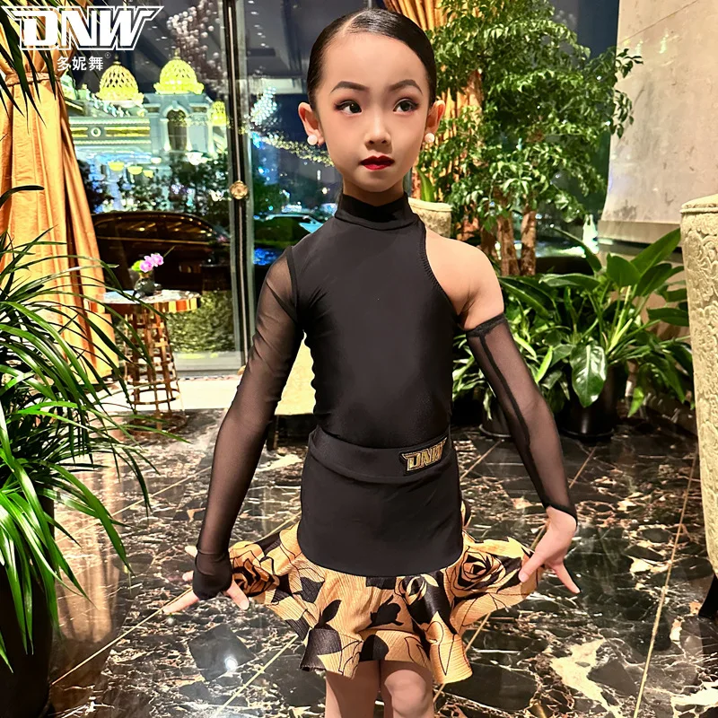 

Customized Latin Dance Suit Practice Dress Girls' Professional Competition Performance Dress Black Mesh Printed Skirt Top Set
