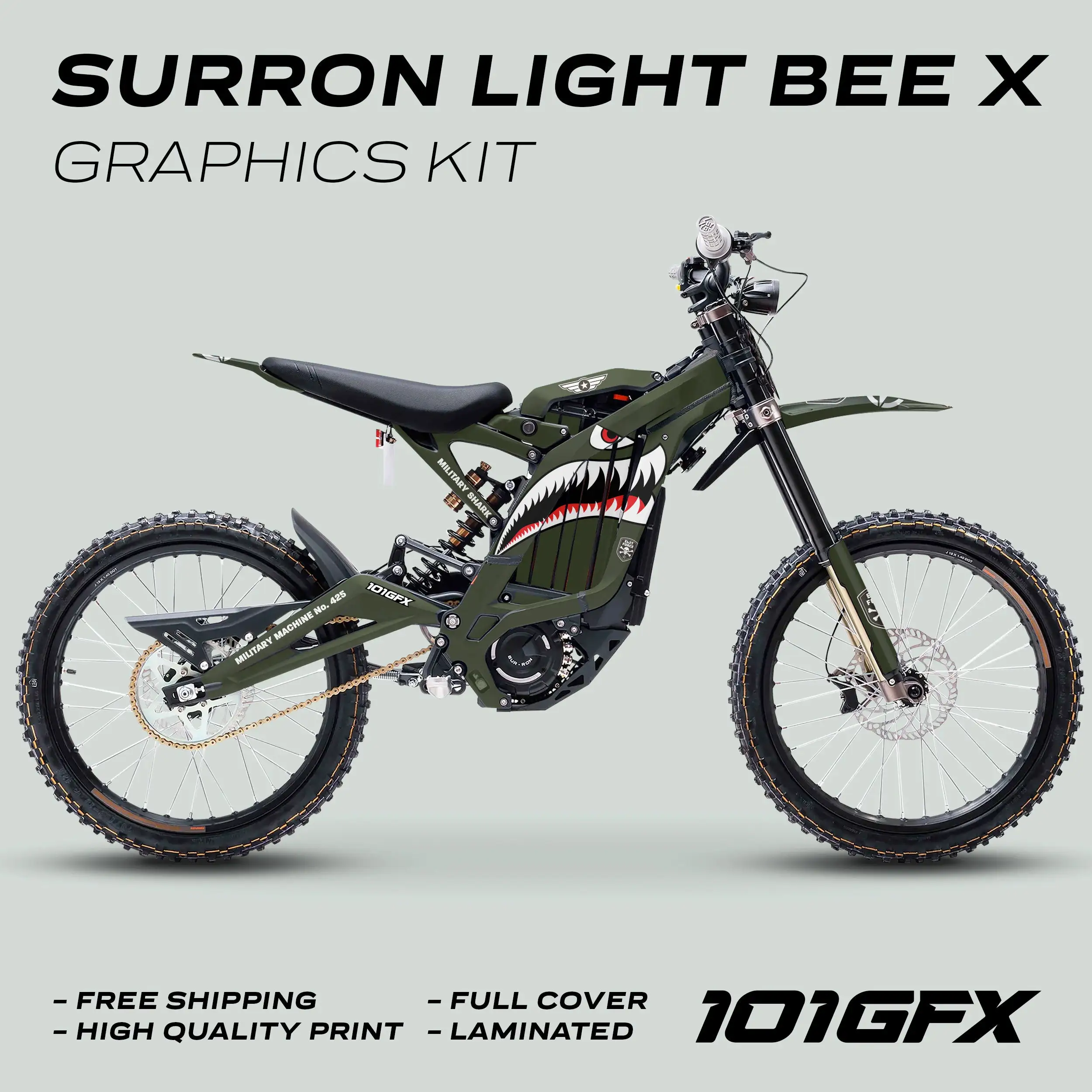 Surron Light Bee X Graphics Kit MILITARY SHARK OLIVE Decals Stickers Laminated Army Tiger Air Force Sur-Ron L1E eBike Emoto