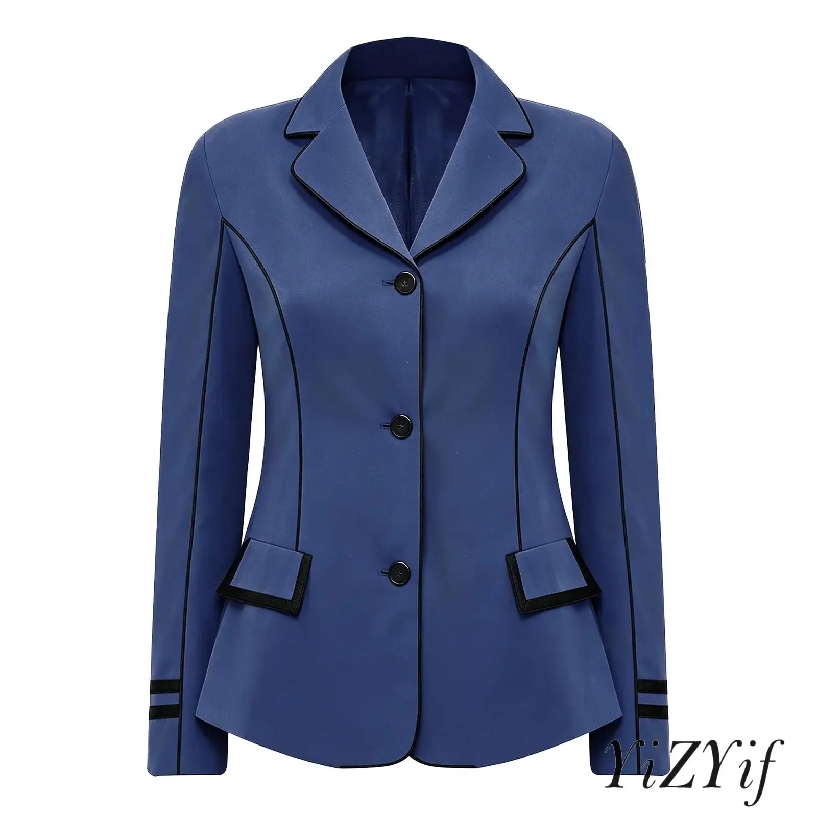 Fashion Women Contrast Trim Horse Riding Jacket Lapel Collar Long Sleeve Button Equestrian Blazer Outerwear with Pockets