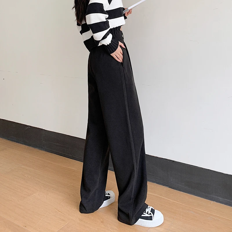 Thick Autumn Winter Woolen Straight Leg Pants Two Buttons Fashion High Waist Wide Leg Pocket Trousers 2025 New Trendy