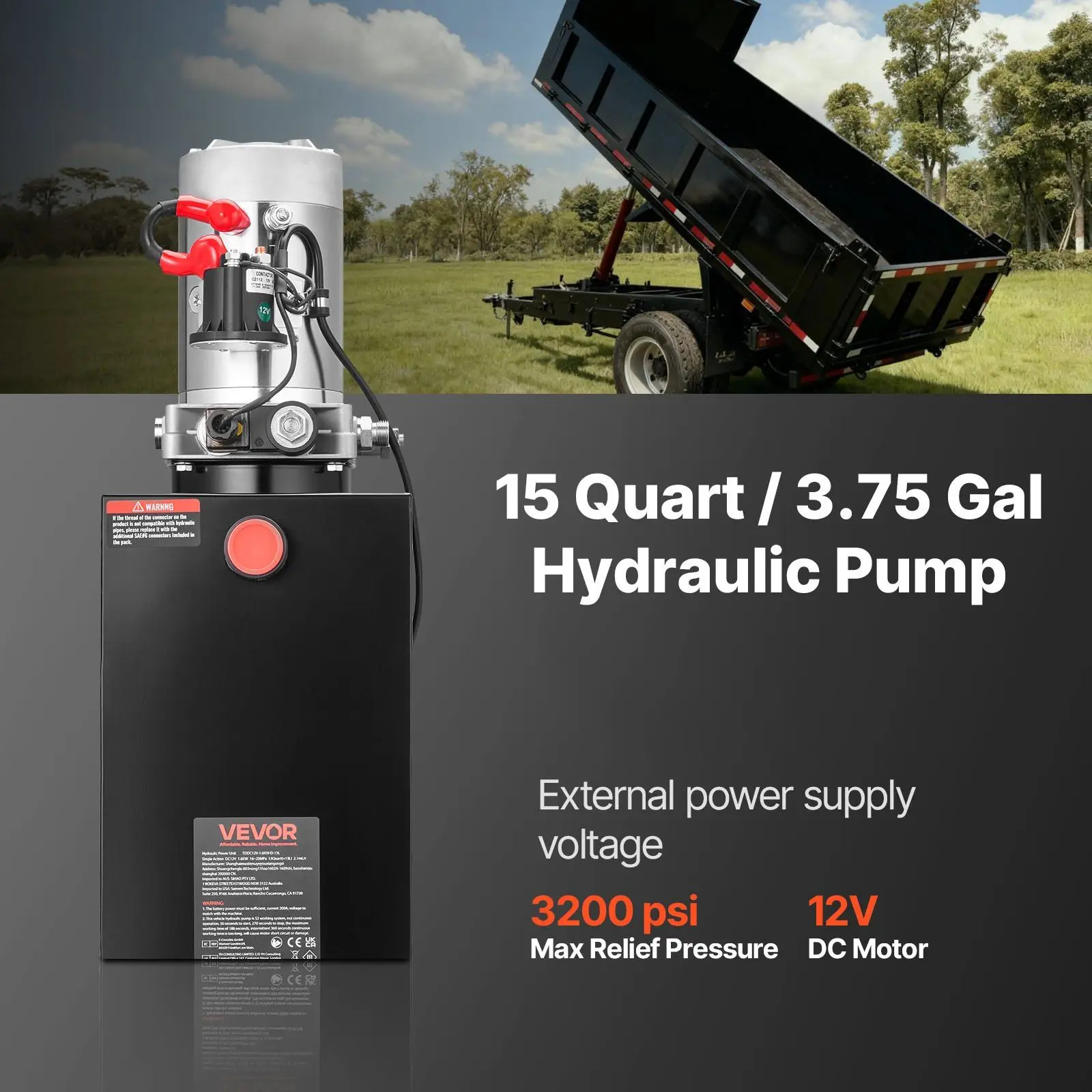 

Гидравлическая силовая установка на 15 кварт, насос одностороннего действия для самосвального прицепа, максимальное давление 3200 фунтов на кв. дюйм и расход 0,91 галлона в минуту, 12 В постоянного тока