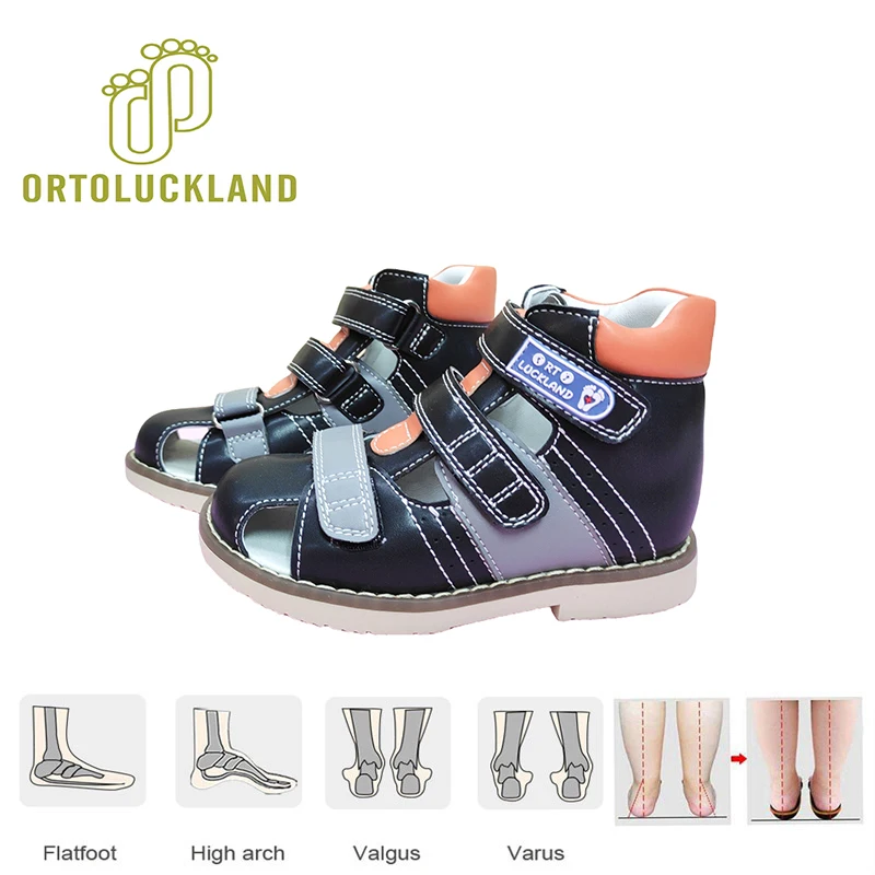 Children Orthopedic Shoes For Kids Black Leather School Sandals Toddler Tiptoe Flatfoot Footwear With Arch Support Size22-33