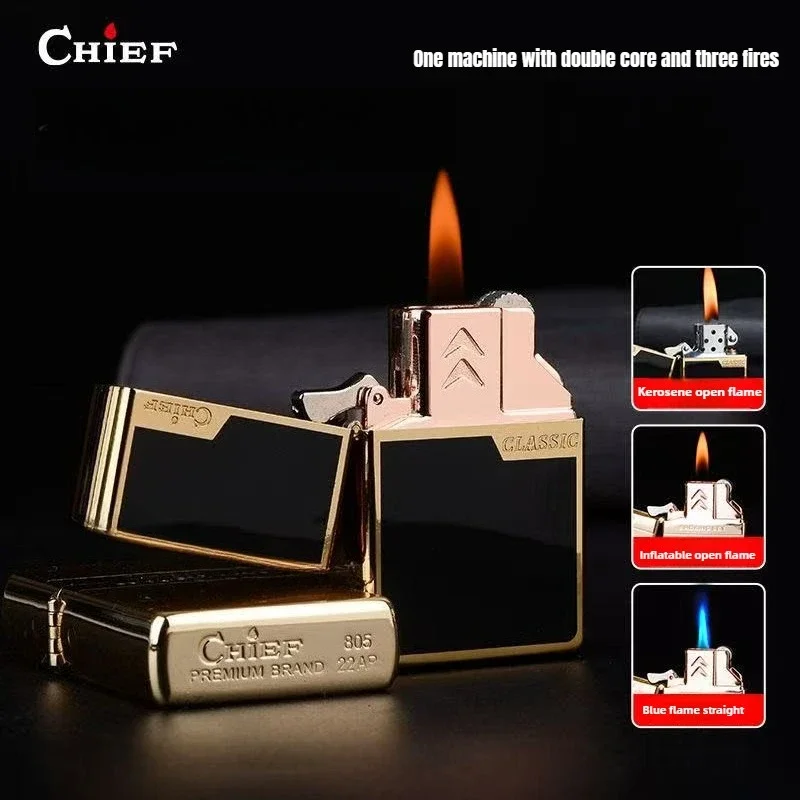 CHIEF Oil and Gas Three Fire Switching High End Direct Fire Inflatable Oil Windproof High End Gift Lighter  Gadgets for Men