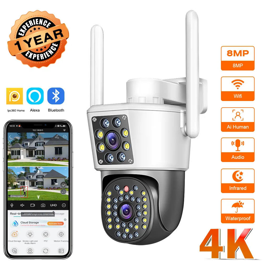 4K 8MP Wifi PTZ Camera Dual Lens IP CCTV Video Surveillance Camera Ai Human Detect Auto Tracking Night Vision Outdoor IPC360