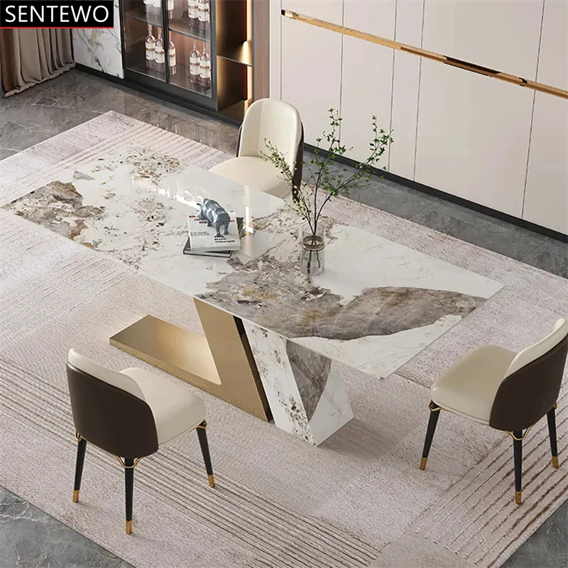 Luxury Rock Slab Kitchen Dining Tables Chair Set Stainless Steel Gold Frame Faux Marble Table Dinner Chair Set Esstisch Tische