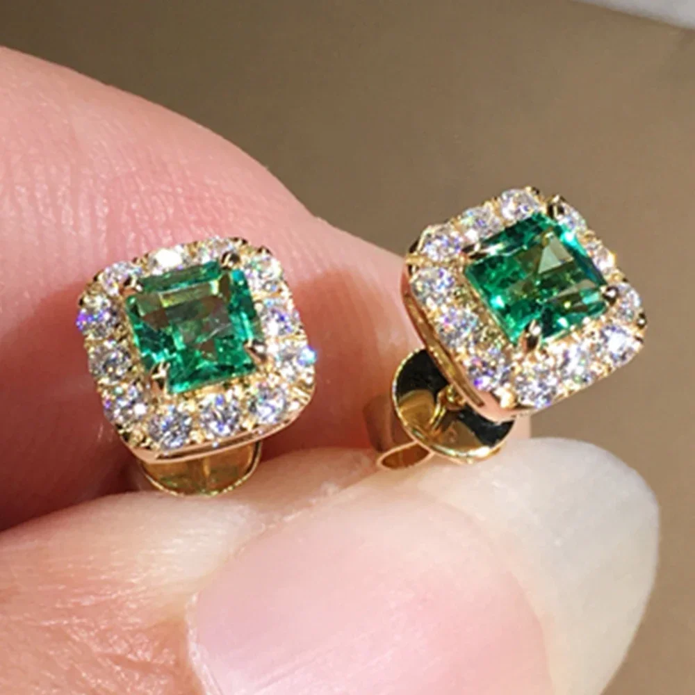 Eternity Green CZ Stud Earrings for Women Gold Color Luxury Bride Wedding  Elegant Ear Accessories Party Jewelry