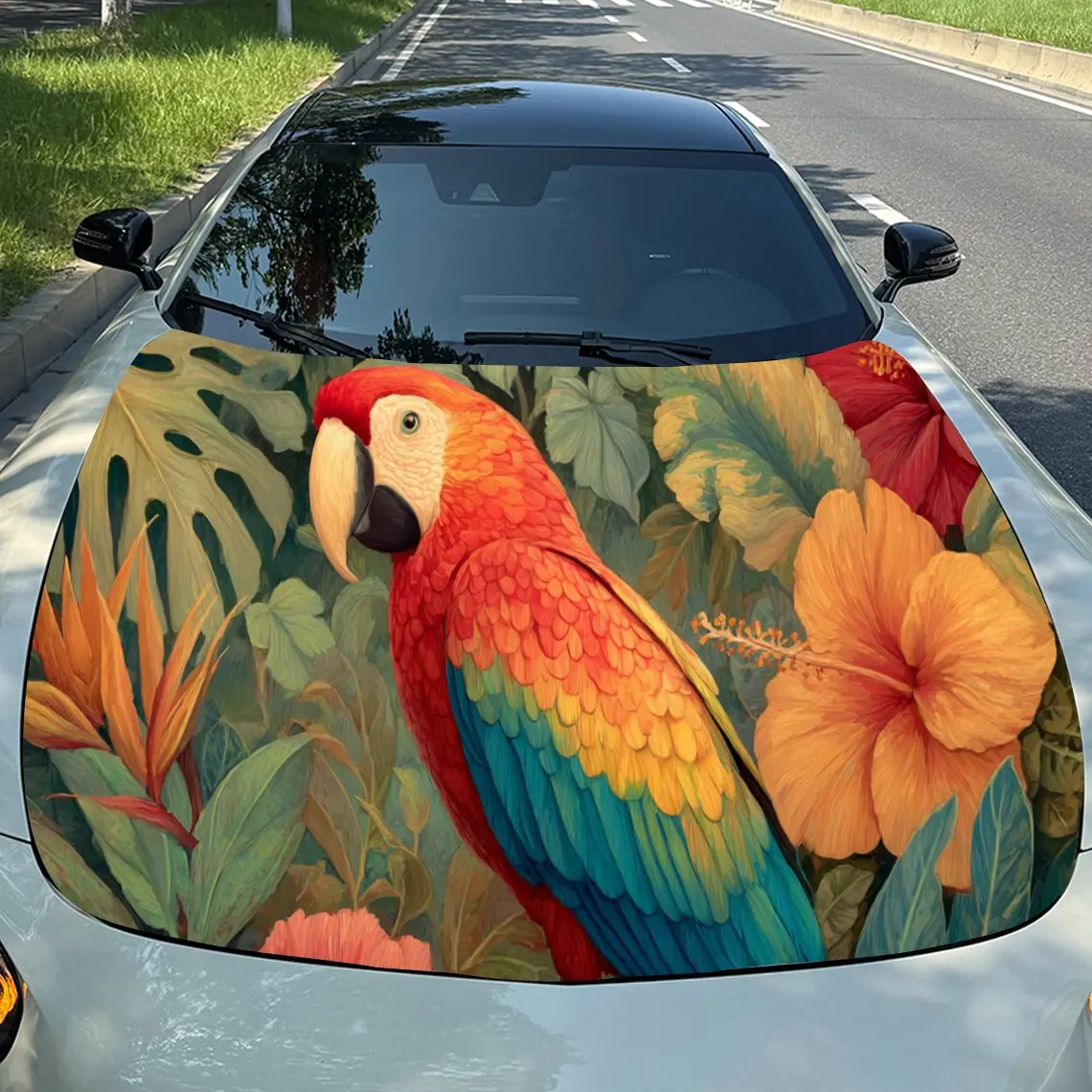 

Lively Tropical Parrot Car Hood Stickers - Self-Adhesive, Waterproof and Durable Vinyl Wrap, Decorate And Protect Your Car, Fit