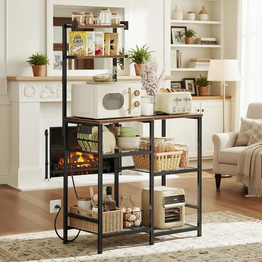 

31.5 Kitchen Storage Rack with Power Outlets, Microwave Stand, Coffee Bar, 3-Tier Shelves in Rustic Brown