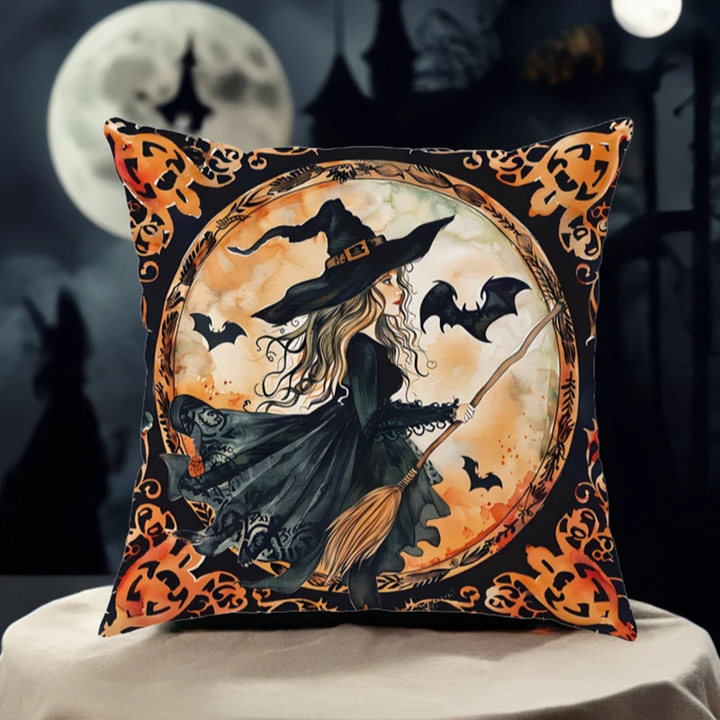 

1pc witches Halloween decoration Pillow Cover, room decor, home decor 18*18inch, invisible zipper, owls, bats pattern, Halloween