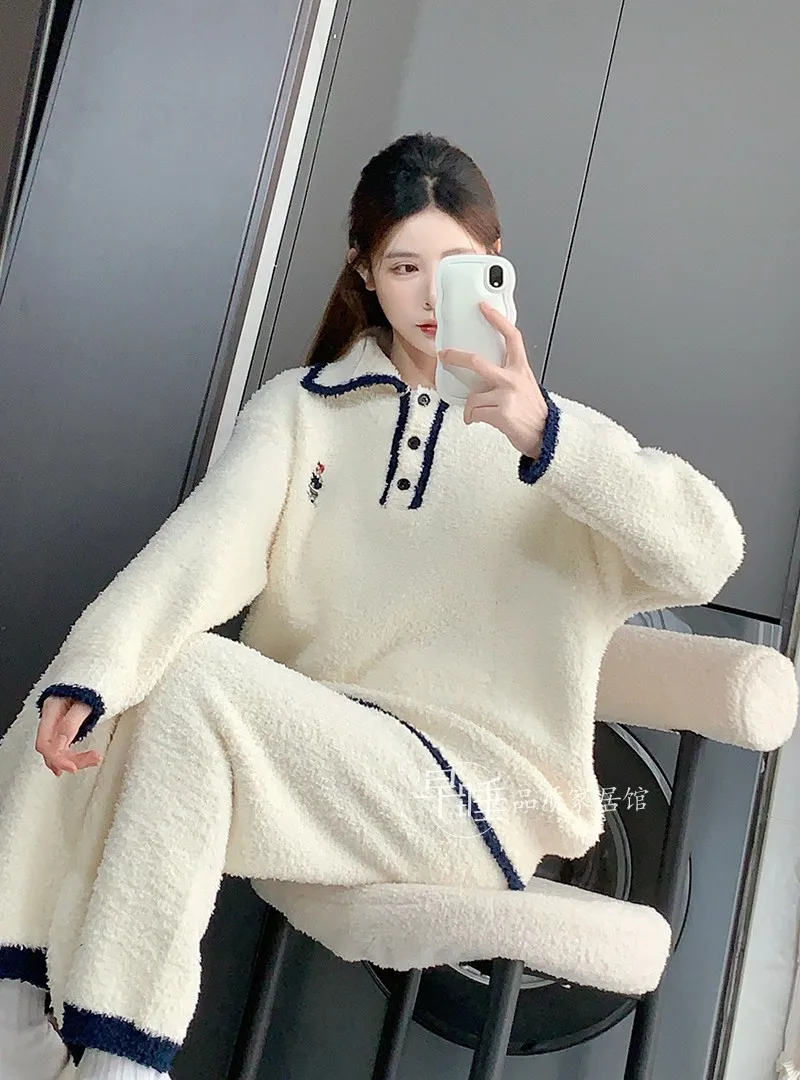 النمط الياباني الخريف الشتاء جديد الحلو لطيف فتاة طويلة الأكمام منامة النساء سميكة الدافئة فضفاضة ملابس منزلية غير رسمية