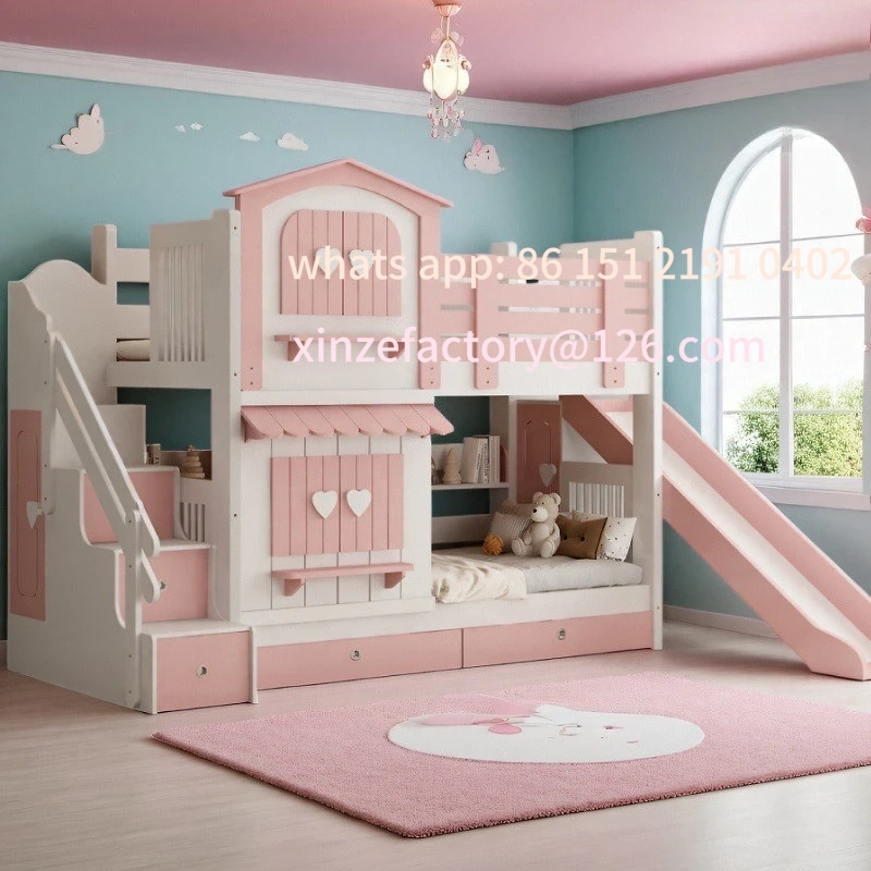 تخصيص فتاة سرير بطابقين طبقتين الوردي الأميرة الرياح القلعة سرير الشريحة سرير بطابقين متعدد الوظائف
