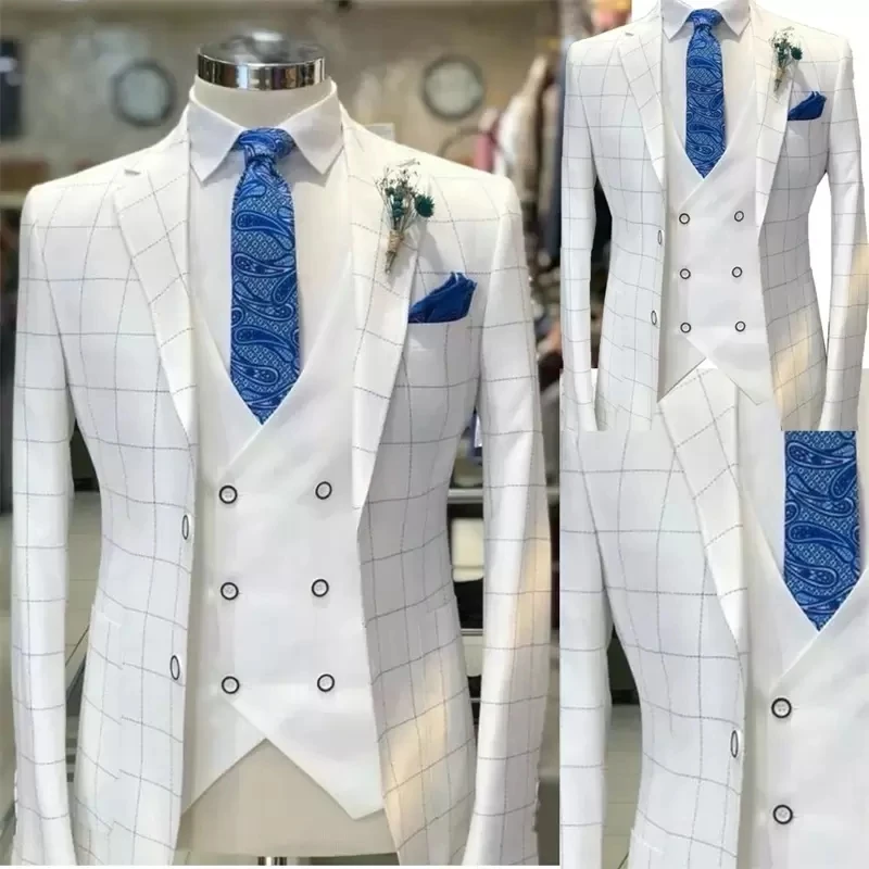 

White Men' s Suit 3 Pieces Blazer Vest Pants Tuxedo Single Breasted Plaid Stripes Slim Business Modern Wedding Groom Tailored