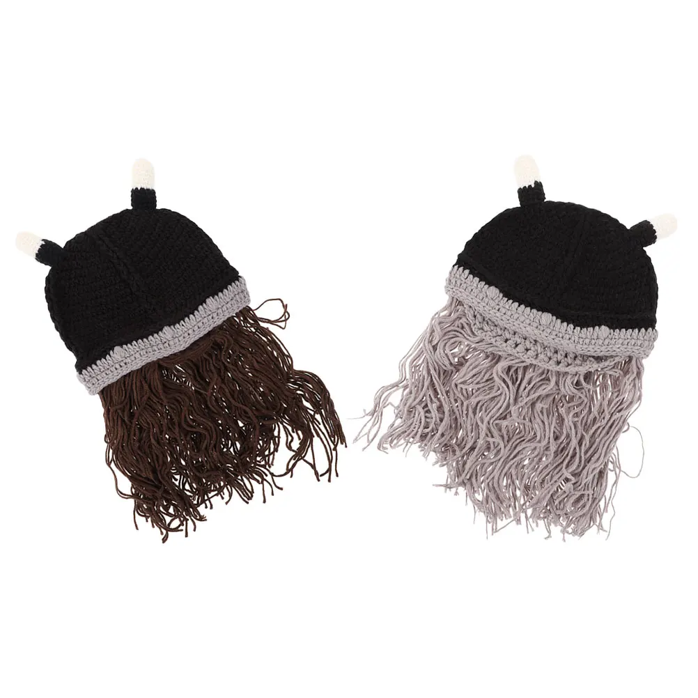 

2 Pcs Hat Short Long Beard Horns Beanie Cosplay Viking Hat Yarn Costume Men Women Party Stage