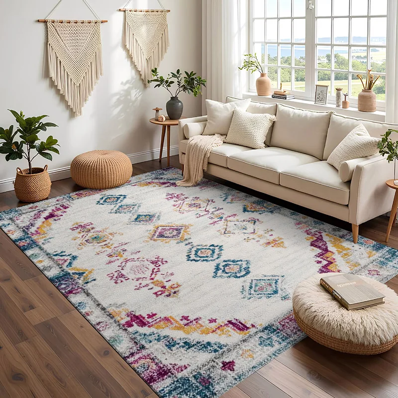 

RAKKS Moroccan Velvet Rug - Diamond Geometric Pattern, Modern Non-Slip Carpet for Living Room, Bedroom，Sofa, Bedside Home Decor