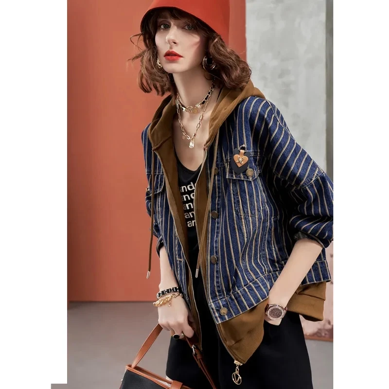 European Denim Jacket Women Early Autumn 2023 New Fake Two-piece Jacket Top Long Sleeved Denim Patchwork Hooded Baseball Clothes