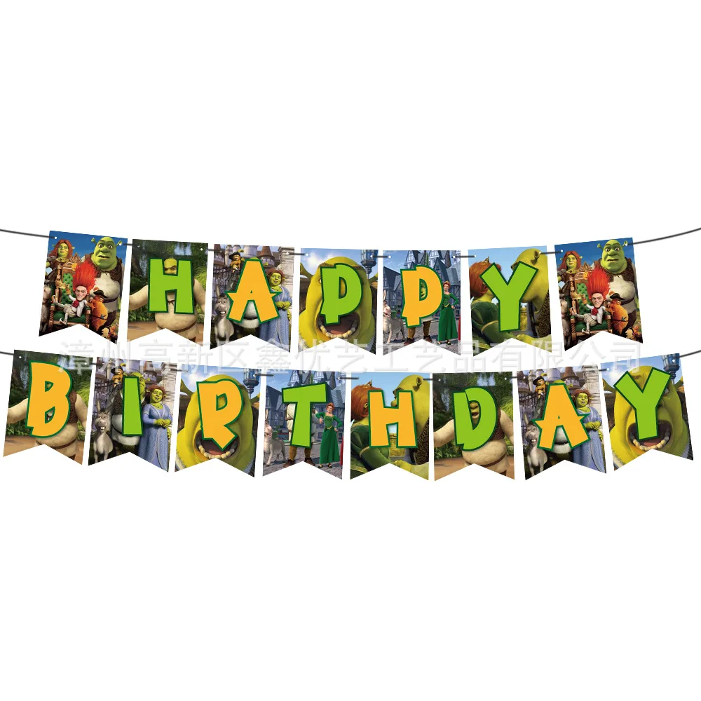 Fournitures de décoration de scène d'anniversaire à thème Shrek Cartoon Anime, bannières, ballons, ensemble de fête à tirer avec sensation