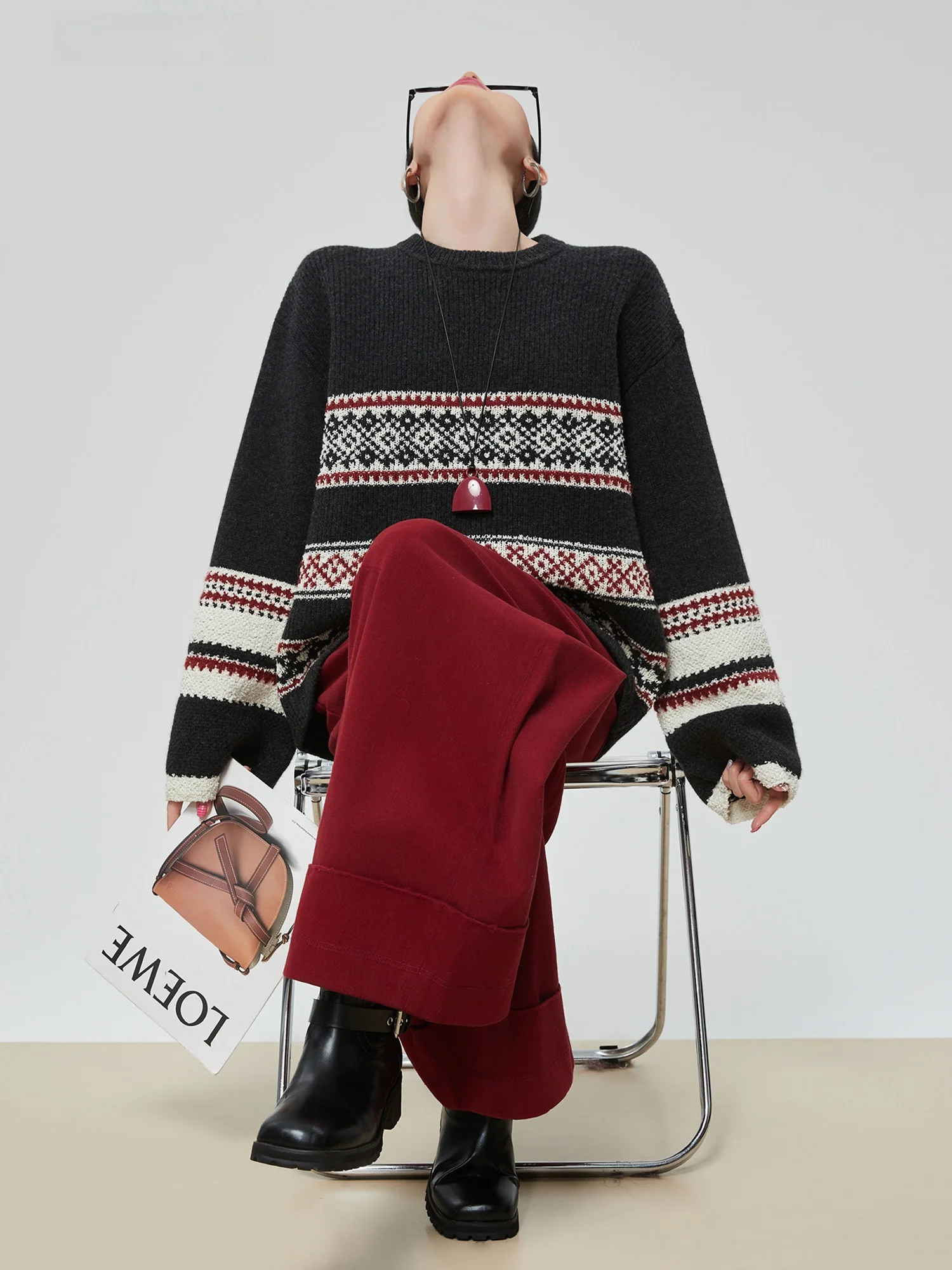 

ay Retro Fair Isle Stripe Knit round Ne Sweater Women's Lazy High-End Thi Long Sve Knitted irt Commute Sle Loose...