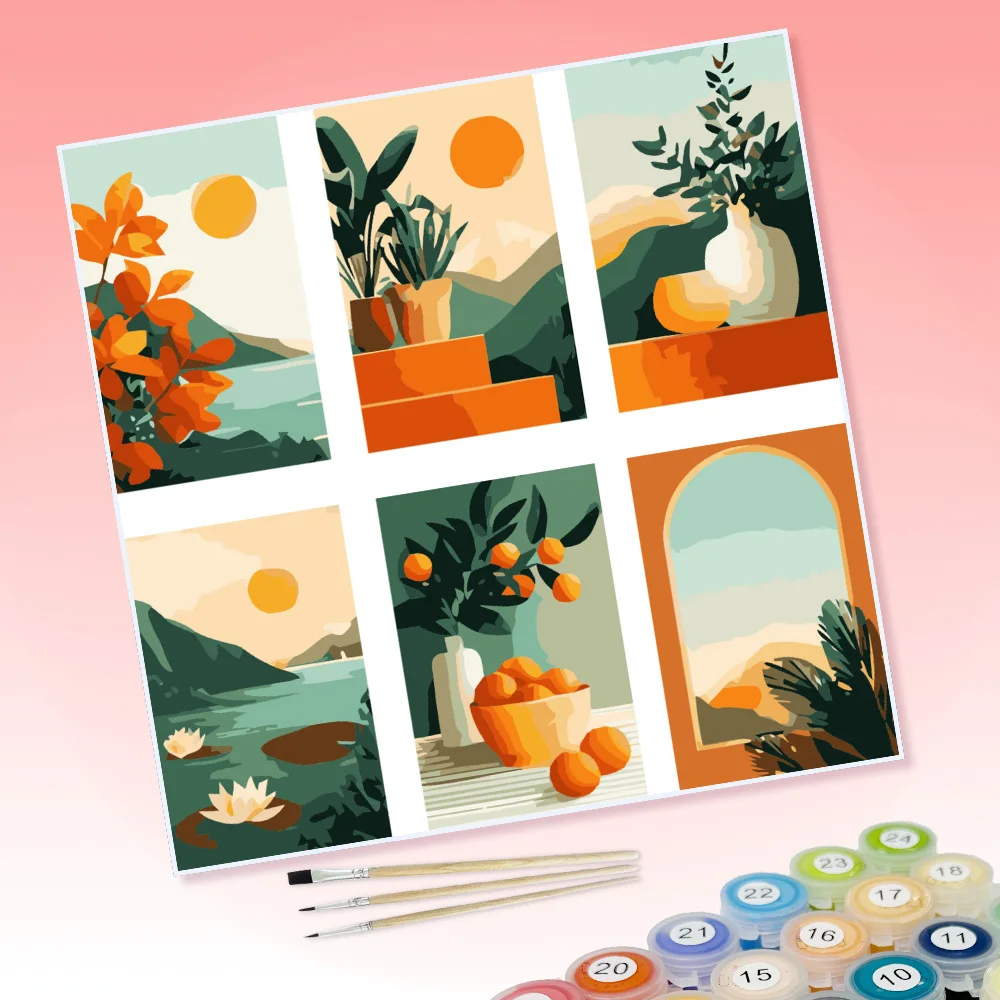 6 DIY-Malbilder mit orangefarbenen Vasen, einer Sonnenuntergangsszene und einer Landschaft, geeignet zur Dekoration von Hauswänden. – Detail 1