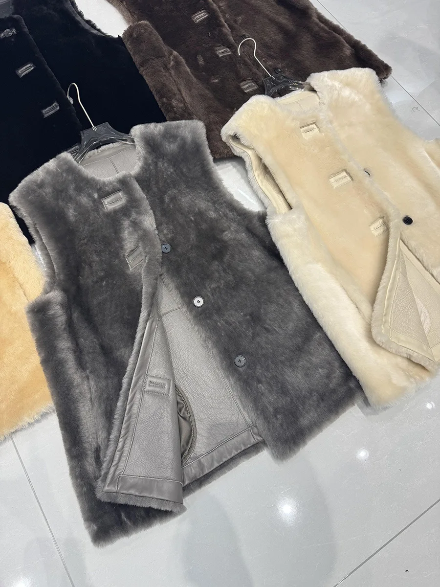 

Winter Fashion Round-Neck Sheepskin And Wool Blend Mid-Length Vest-Style Fur Coat