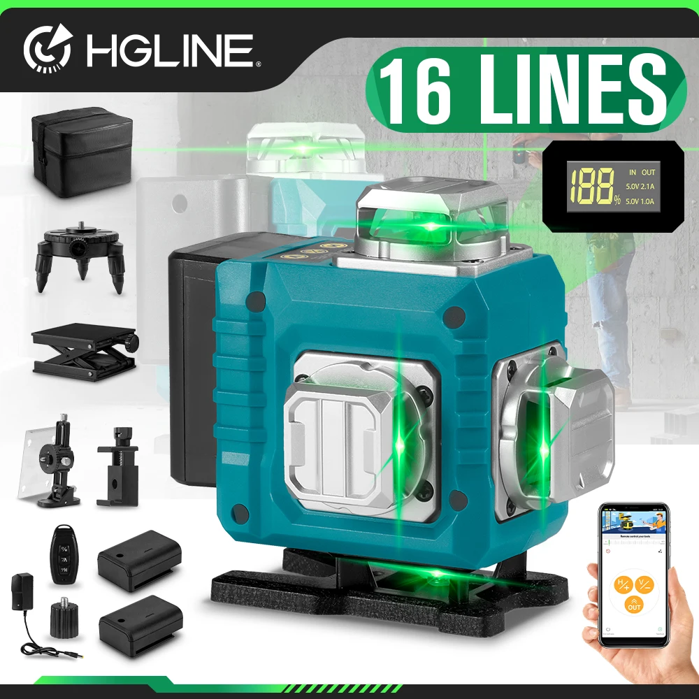 HGLINE 4D 16 líneas línea verde nivel láser aplicación remota Control Horizontal Vertical instrumento láser de medición nivel láser inclinado