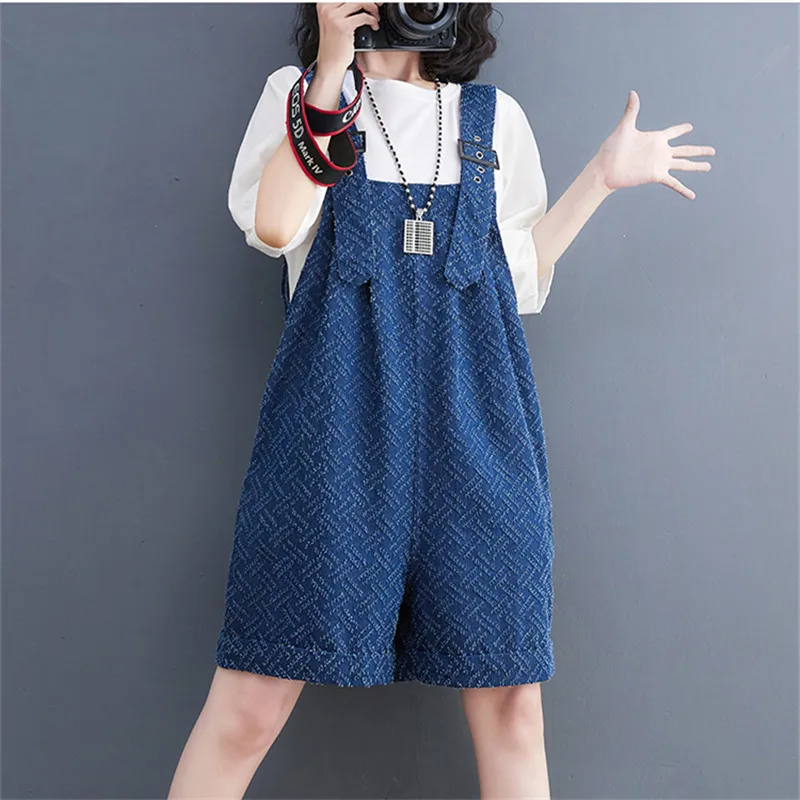 2024 New Design Jacquard Denim Jumpsuit For Women Fashion Korean Style Streetwear High Waist Casual Loose Wide Leg Cargo Jeans