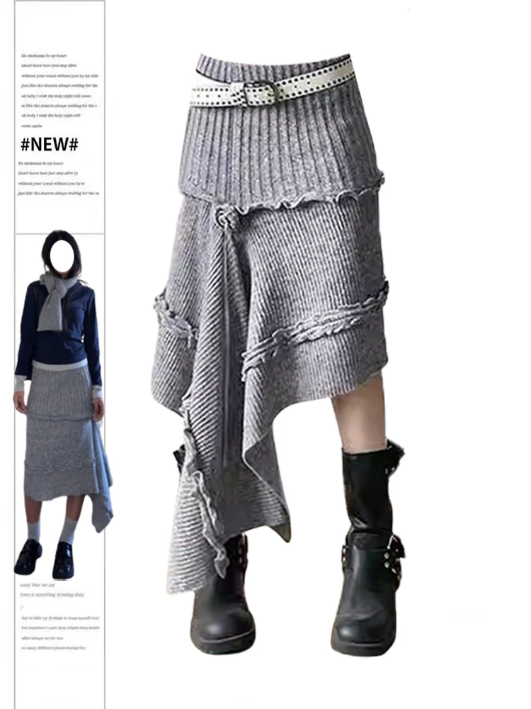 Women's Grey A-line Skirt Vintage Y2k Oversize Long Skirt Harajuku Korean Style Asymmetrical Skirts 2000s Fashion Clothes Summer