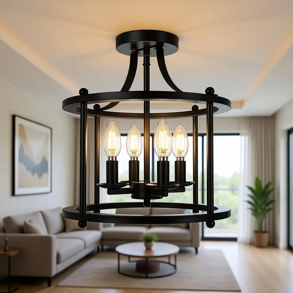 

Semi Flush Mount Ceiling Light, 4-Light Industrial Ceiling Light with E12 Base, Rustic Vintage Chandelier Lighting for Kitchen D