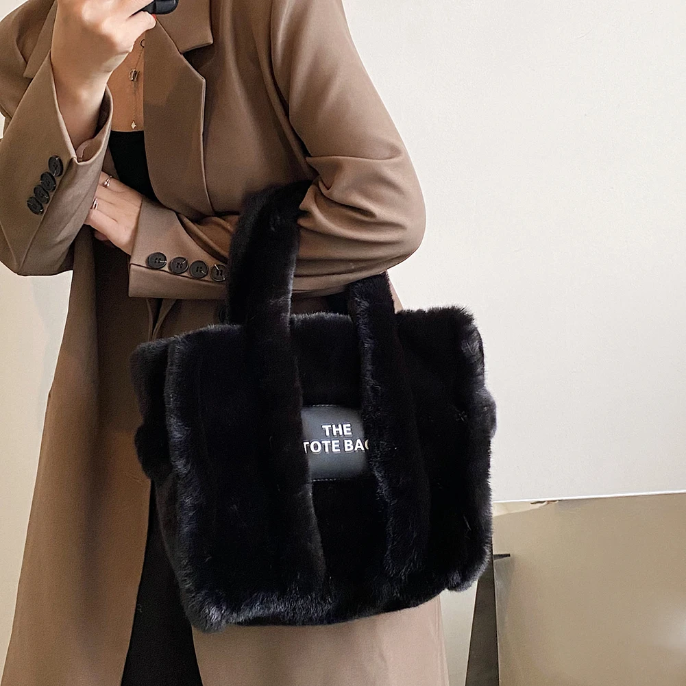 Winter Faux Fur Plush Tote Bag Women\'s Bag Letter Designer Large Capacity Handbag Shoulder Bag Purses Female Satchel Bags Bolsas