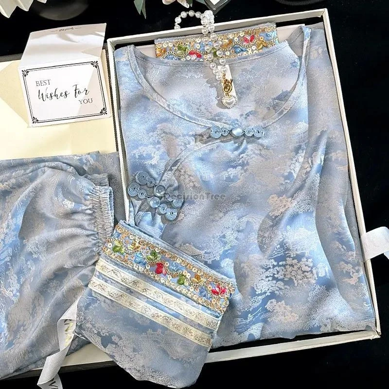 

2025 новая вышитая китайская ретро-пижама ханьфу в древнем стиле для женщин, летний дышащий комплект домашней одежды с этническим жаккардовым принтом