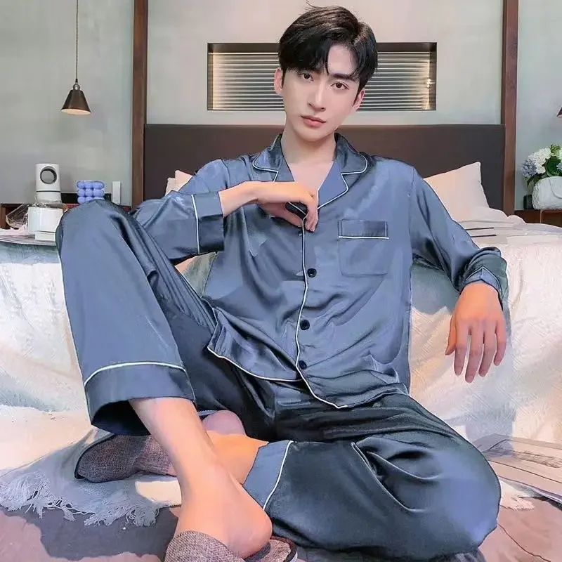 

Long Sleeve Thin Artificial Silk All-season Wear Loungewear Can Be Worn Outside Ice Silk Pajamas Gentleman Spring Autumn Summer