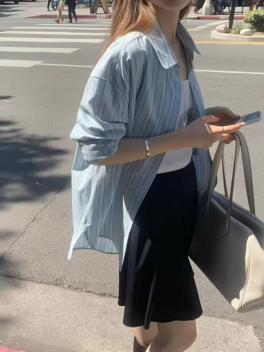 

Spring Summer 2026 Loose Striped Long Sleeve Shirt Korean Style Quality Top Dongdaemun Ou Ce Women's Fashion Cotton Blend