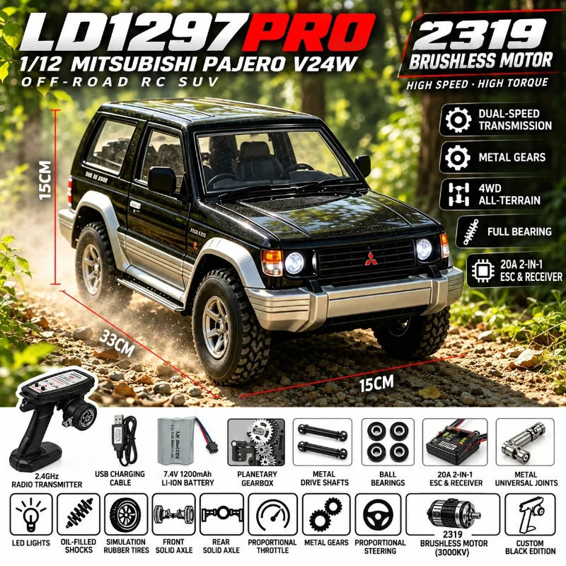 LDRC 1297PRO 1/14 Brushless RC Car 4WD Scale Crawler 2-Speed Metal Drivetrain Oil Shocks LED Off-Road Truck