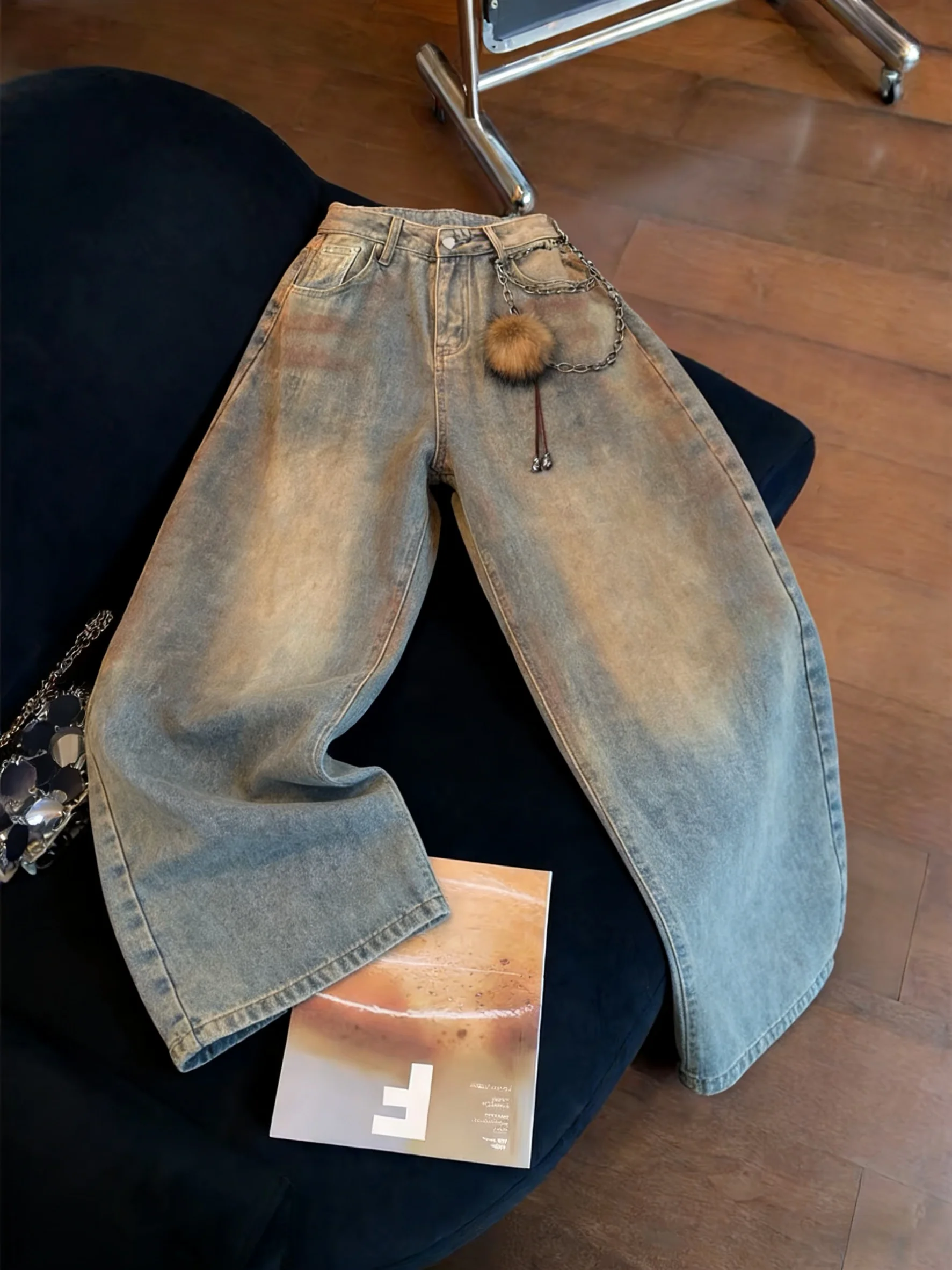 

Джинсы с высокой талией и прямыми штанинами, плотные, винтажные, с эффектом утягивания, широкие штанины, для мужчин и женщин