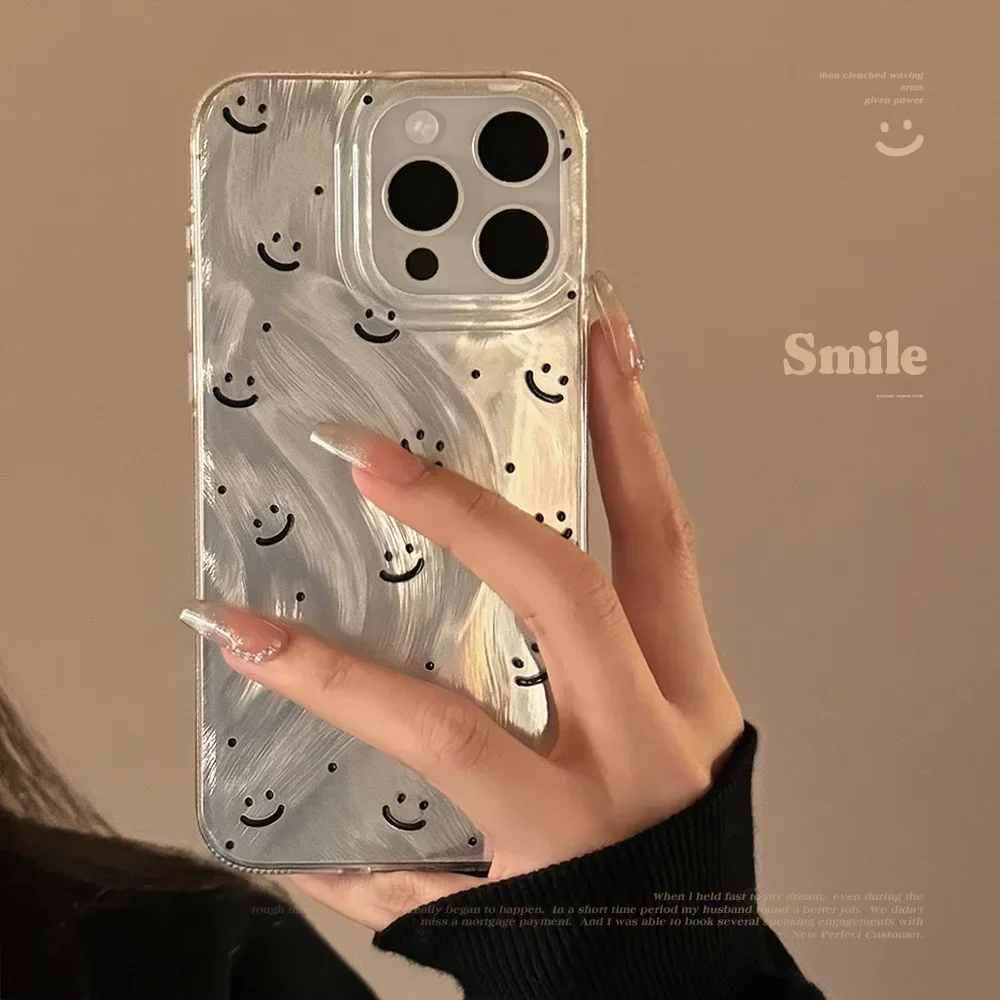 Minimalist Style Feathered Glitter Happy Face Phone Case for IPhone16 15 14 12 13 11 Pro ProMax Plus X XR Shockproof Phone Cover