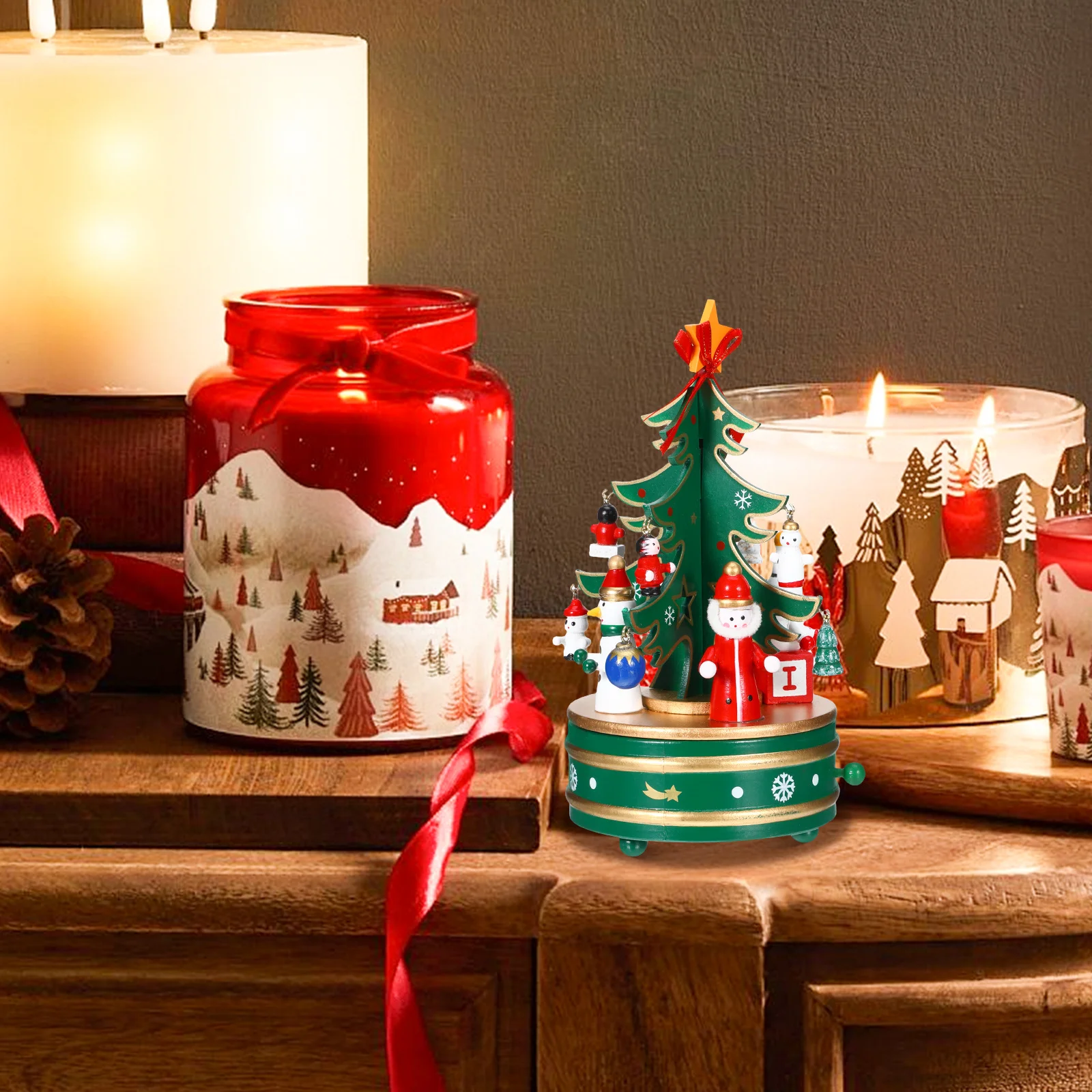 

1Pcs Christmas Music Box Wooden Melody Box with Rotating Tree Decorative Desktop Ornament for Holiday Home Room Decoration Gift